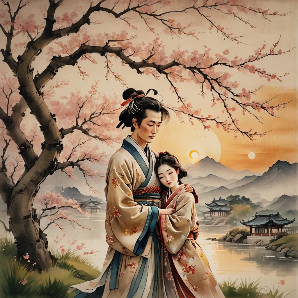 Embracing Couple Under Cherry Blossoms in Chinese Painting S...