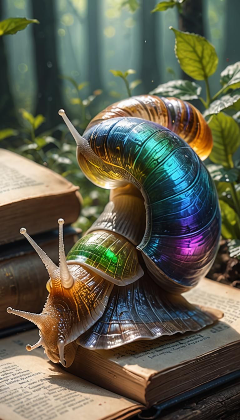 snail with three translucent colors reading a fantasy novel