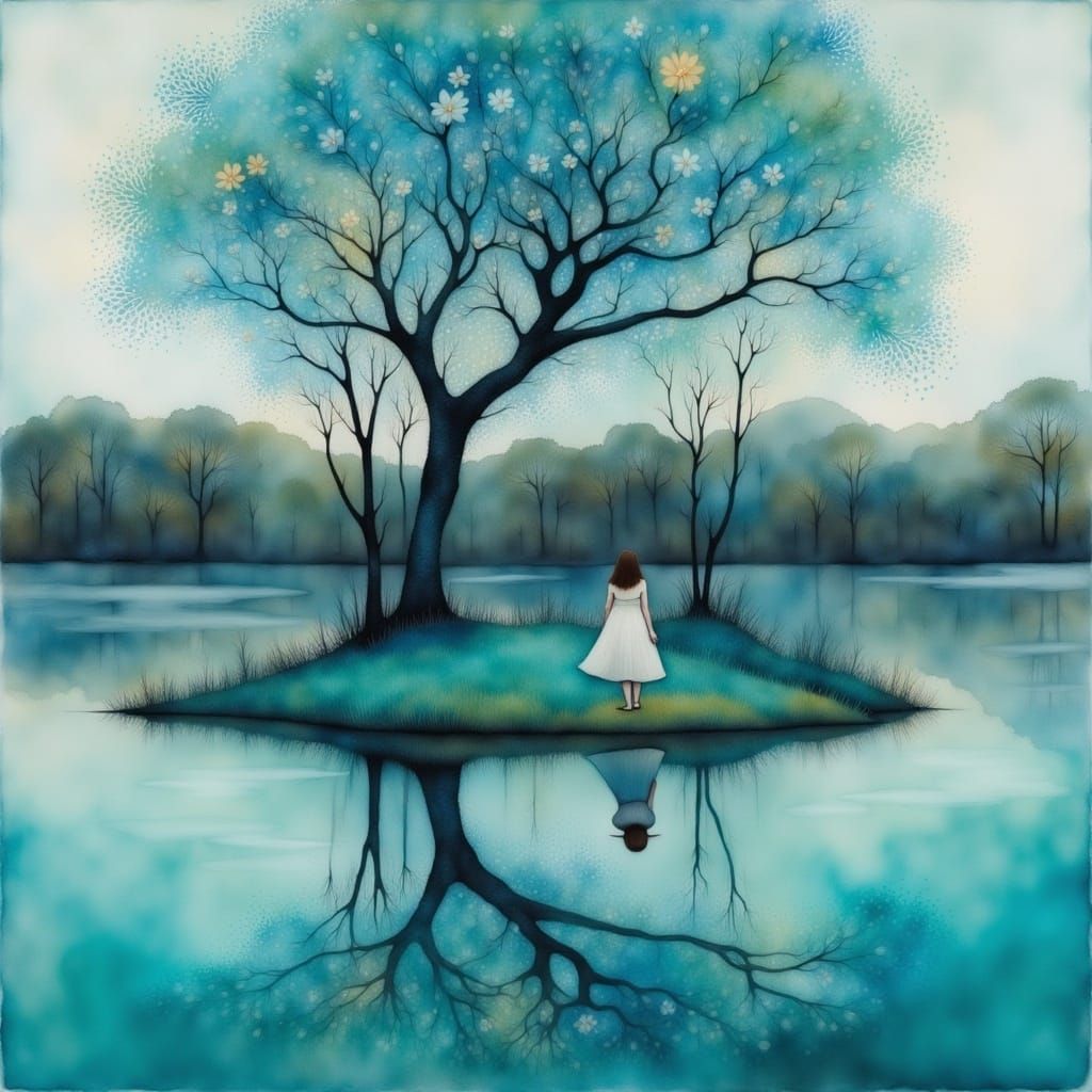 <lora:Liquid Ink Flux:1.0> beautiful delicate detailed reflections on the water, by Stewart Edmondson, Thomas Wells Schaller and Nita Engle,...