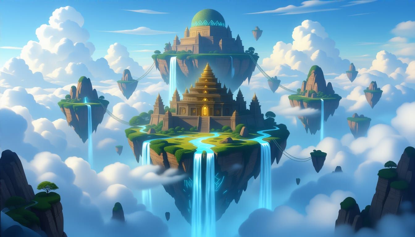 A hyper-realistic, highly detailed digital painting of a series of majestic floating islands in the sky, viewed from a very high aerial pers...
