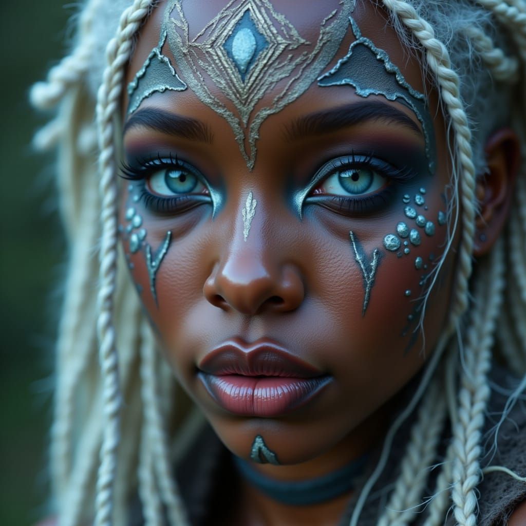 <lora:FaceWorx:1.0>white hair blue eyes african skin FaceWorx: Viking Stormcaller. makeup