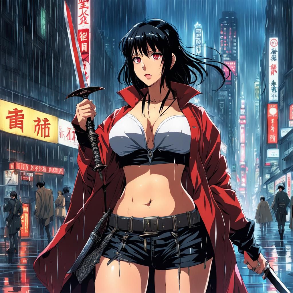 Anime thick girl with nice body in a rain with a sword and black hair in  neo tokyo - AI Generated Artwork - NightCafe Creator