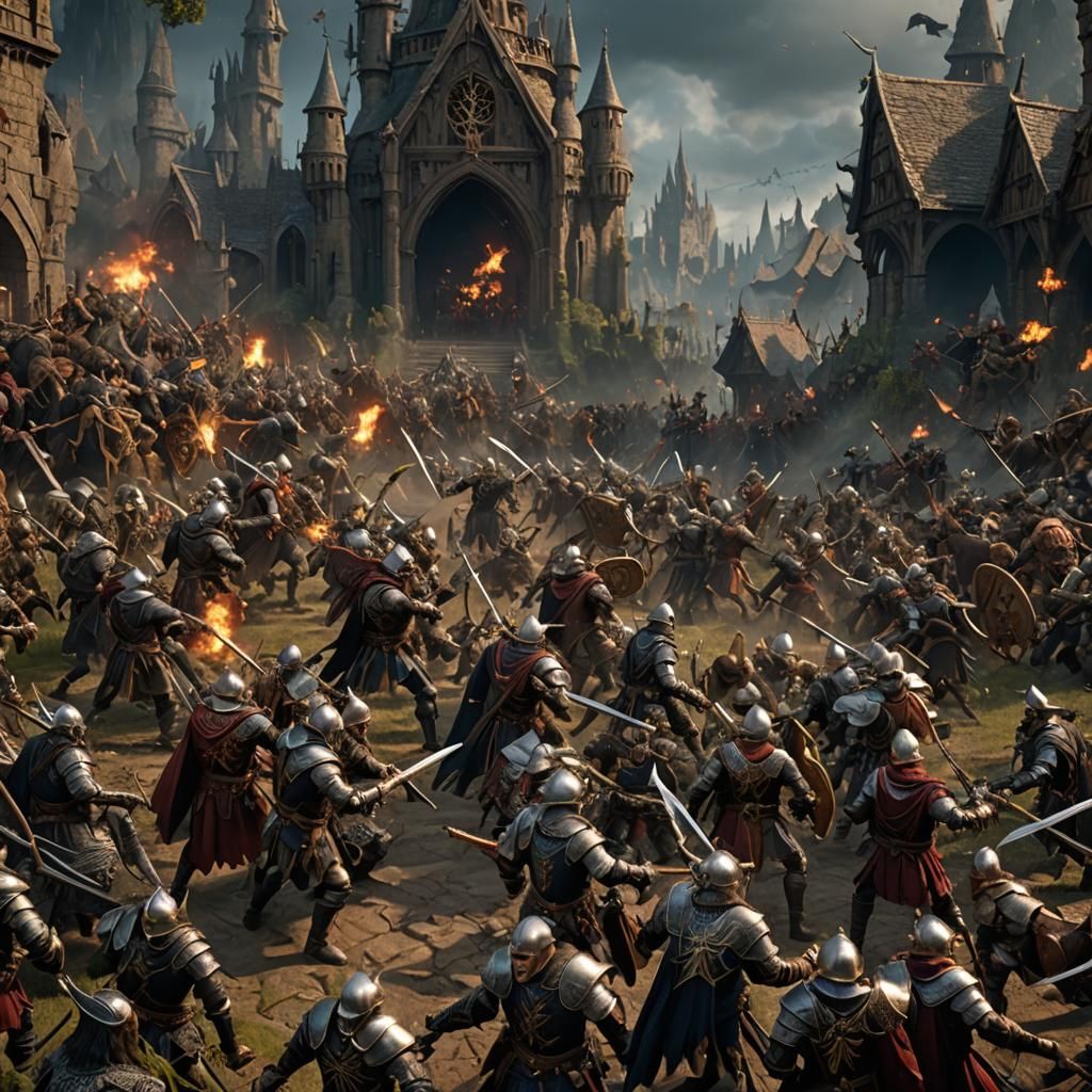 Medieval fantasy battle between men, elves, goblins, and ske...