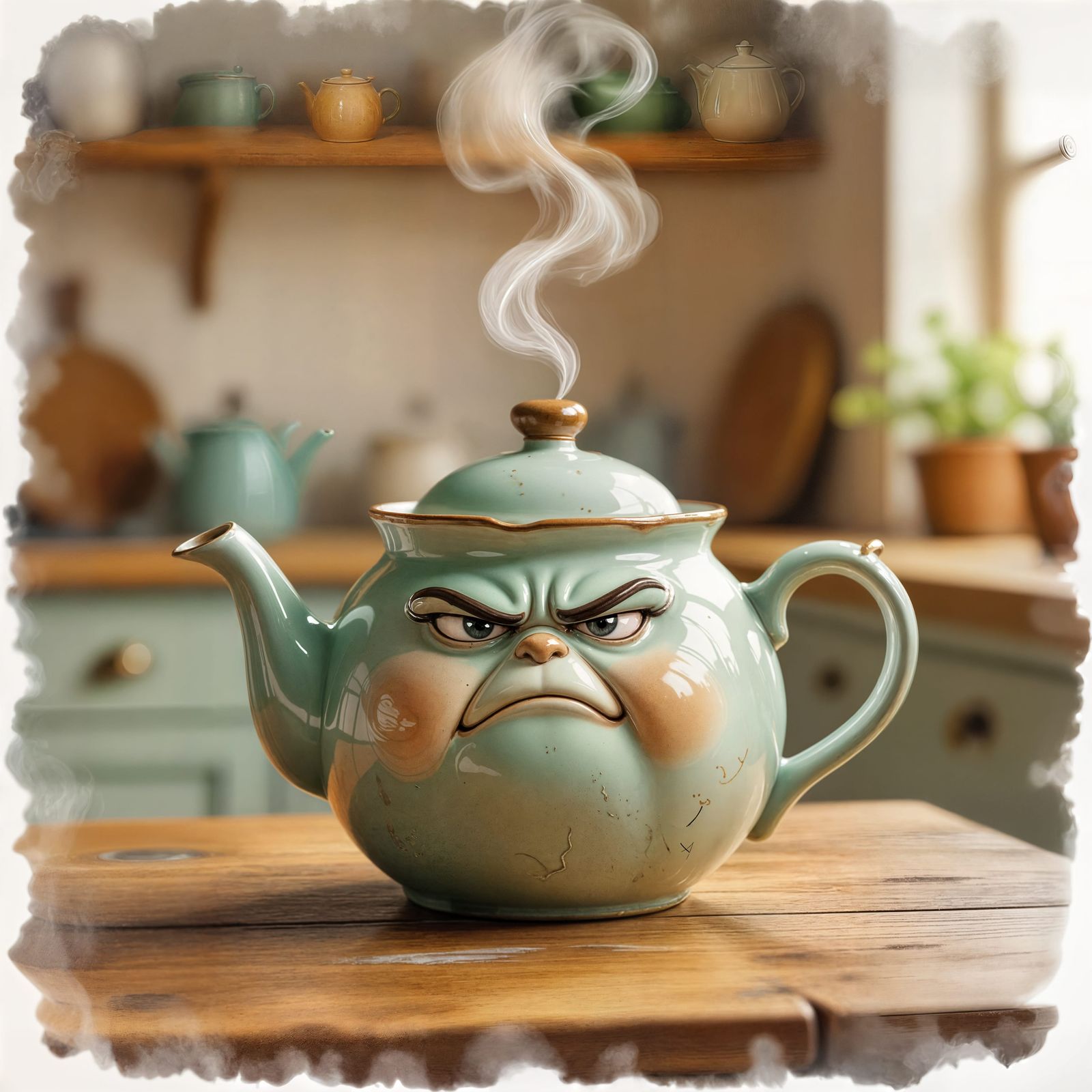 A grumpy, old ceramic teapot with a chipped spout and a stern, furrowed brow, sitting on a rustic wooden ...  by @H