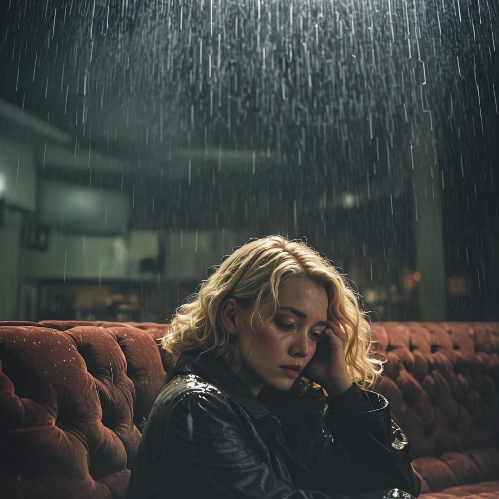 Blonde woman sitting alone on a tufted couch with her head i...
