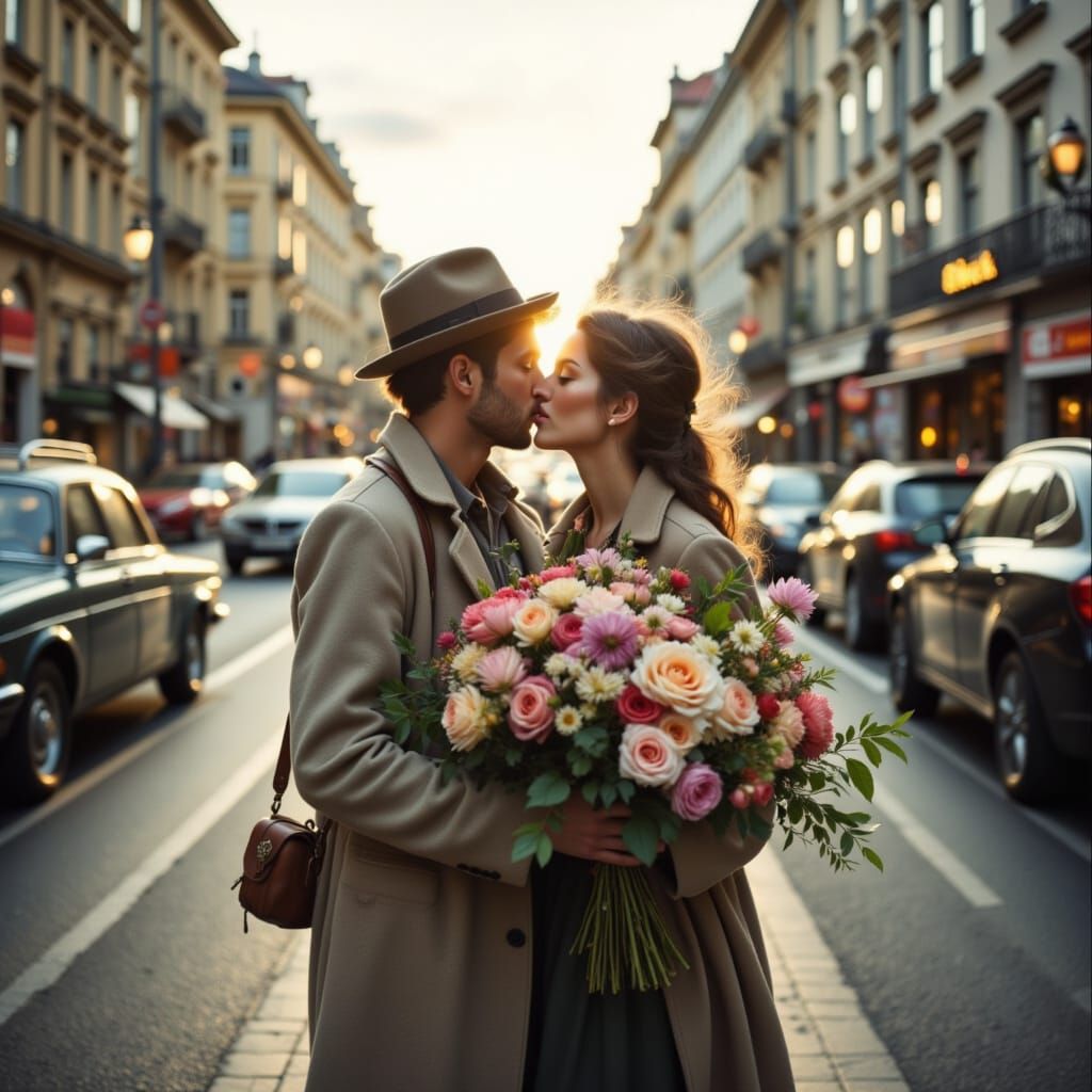 Couple Kissing in Vienna Street at Golden Hour