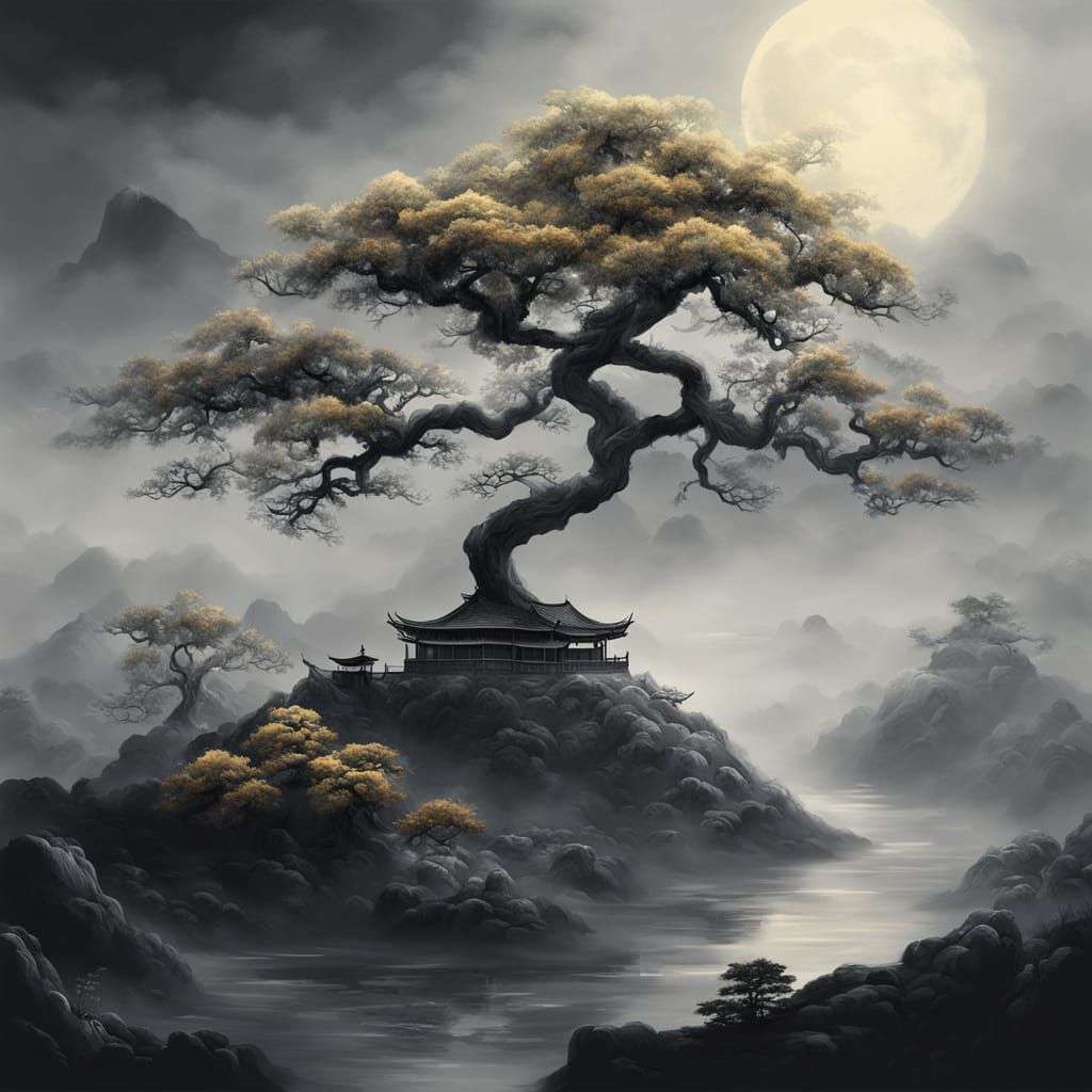 Mysterious Bonsai Landscape in Fog: Digital Matte Painting