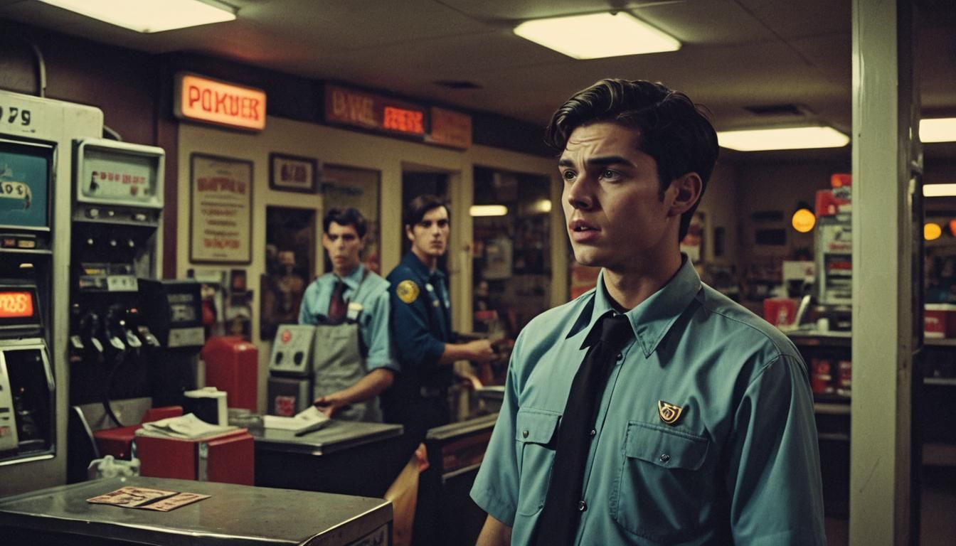 A teenage male brunette gas station attendant, terrified of ...