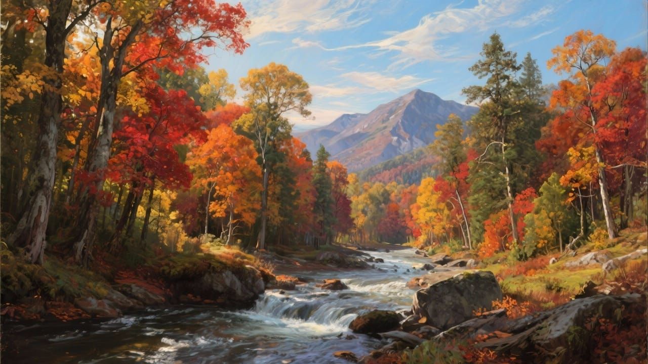 Mountain stream running through a woodland setting.  Colorful leaves of red, orange, and yellow decorate trees.  Sky is blue with wisps of c...