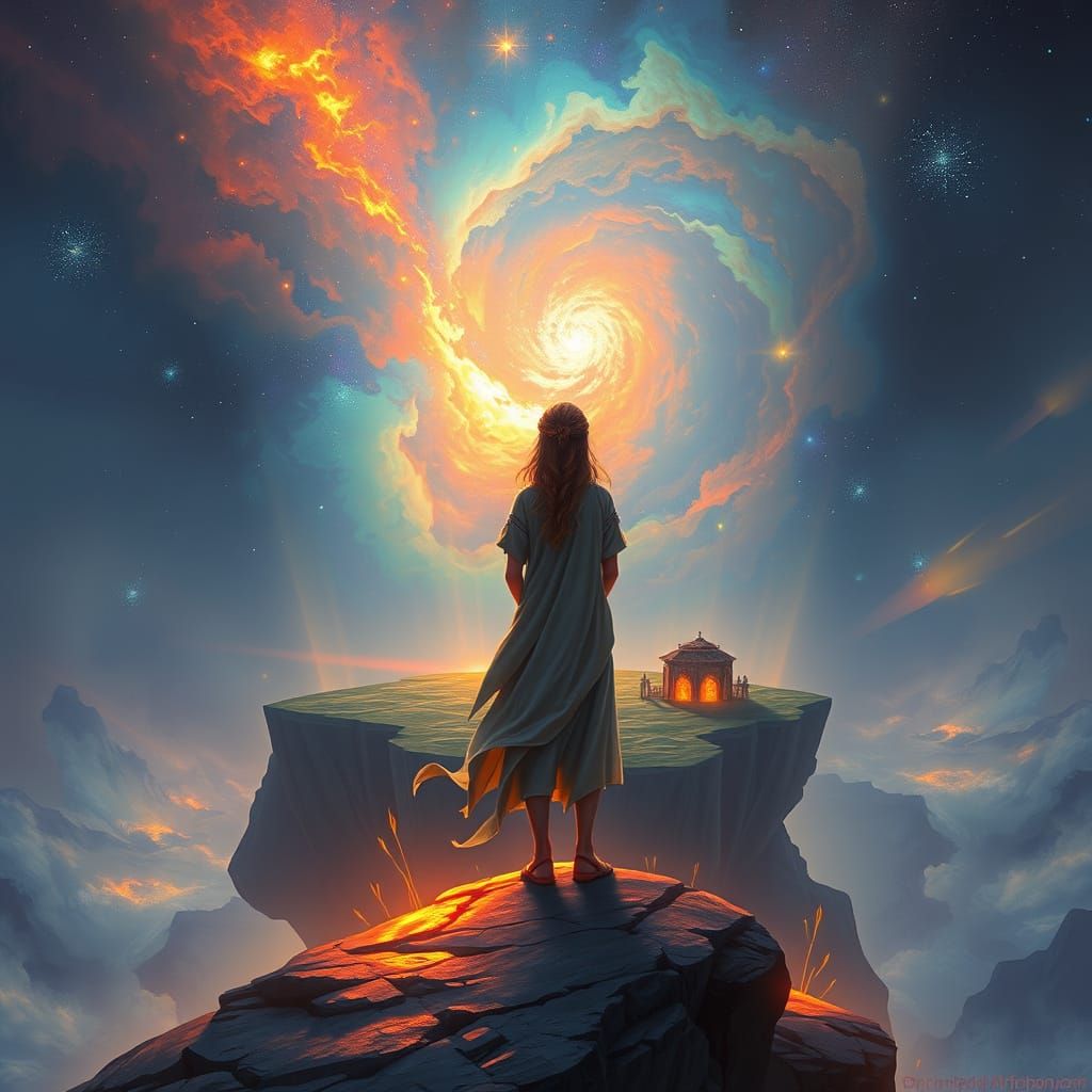 Young Woman Stands on Floating Island, Gazing at Vibrant Neb...