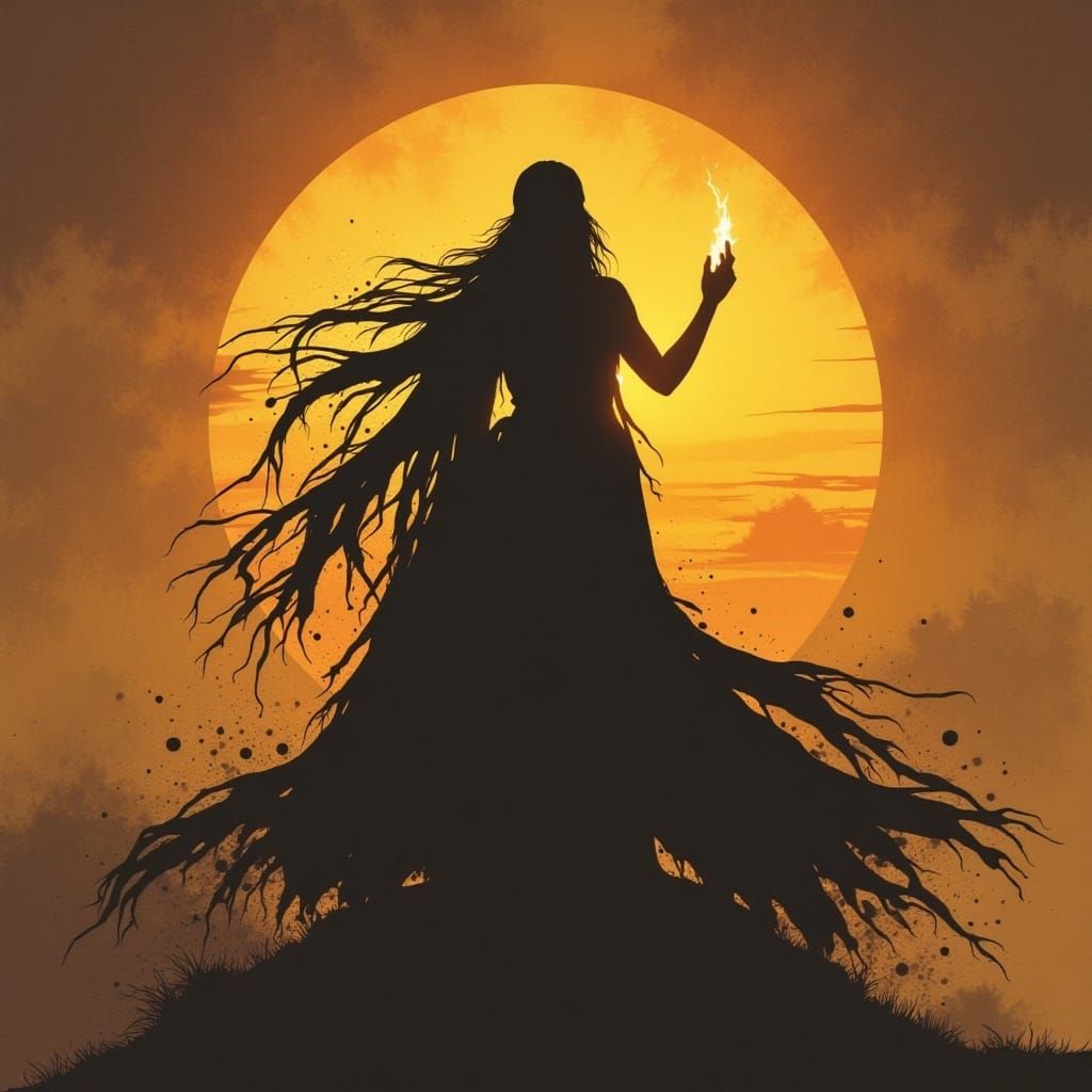 a Wizard Silhouette back lit fantasy sunset, inspired by Colored-Ink Blotch style art. in shades of amber <lora:Blotched Flux:1.0>