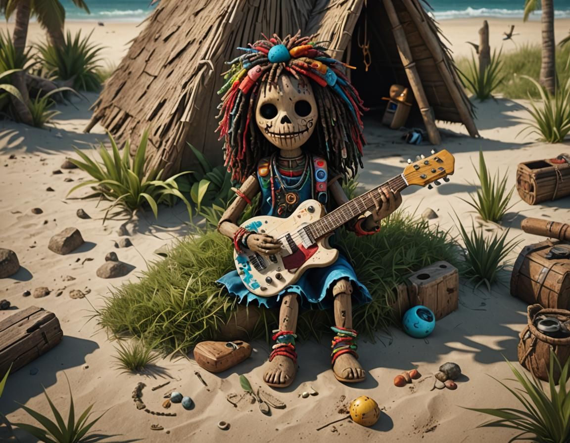 voodoo rag doll playing electric guitar in a grass hut on the beach
  by @Kattrack1000