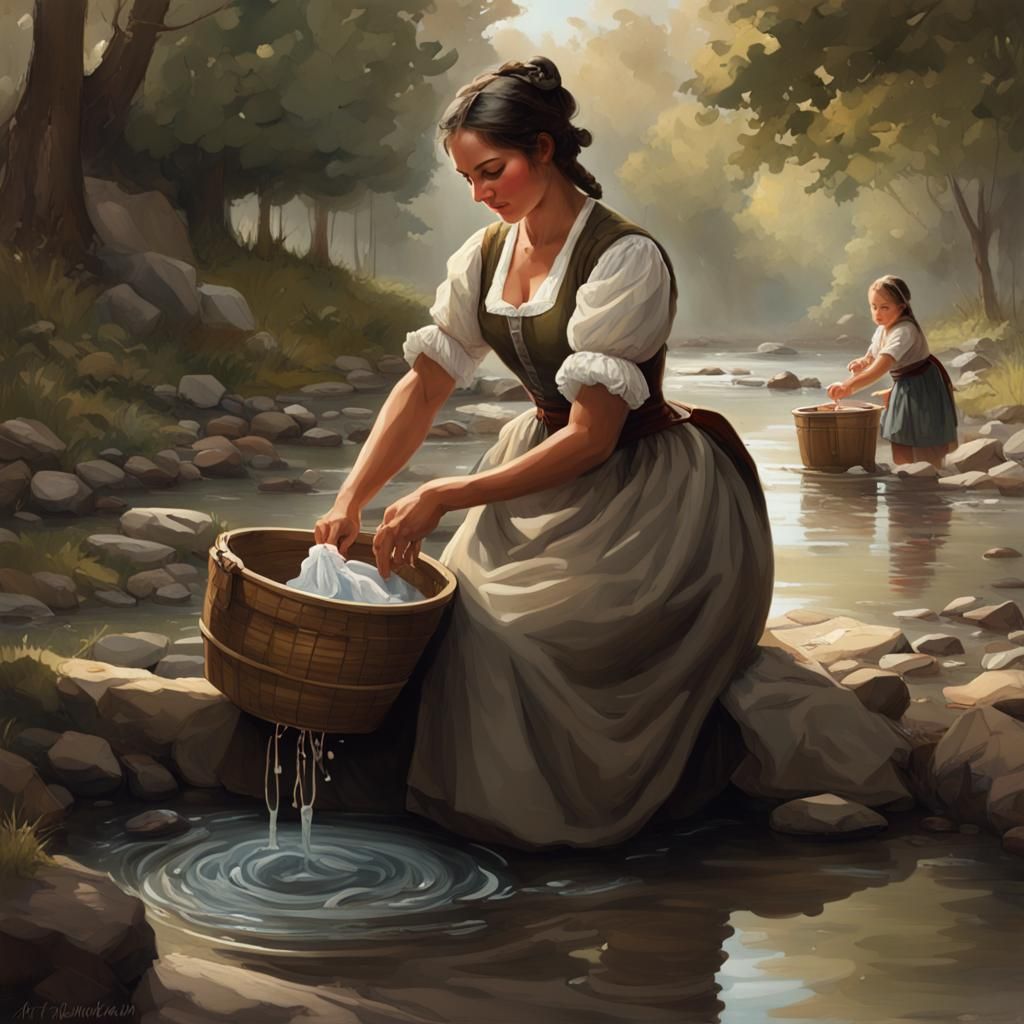 1700"s colonial Washerwoman shown washing clothes in a colonial stream, with her daughter was