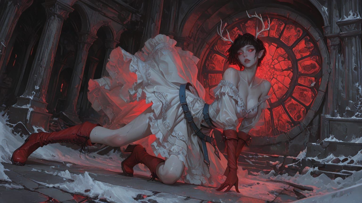 Backdoor is posing on the floor of an Ancient Temple Ruins