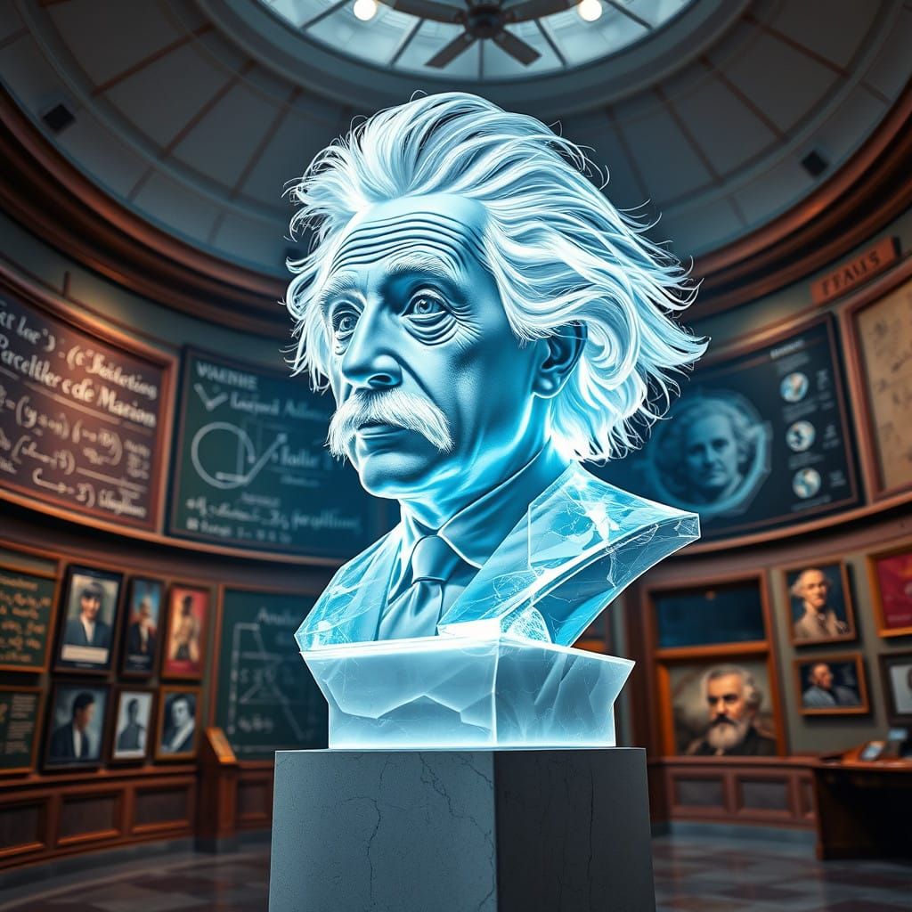 A hologram of Albert Einstein on a statue post in a science museum  by @AnExplorer