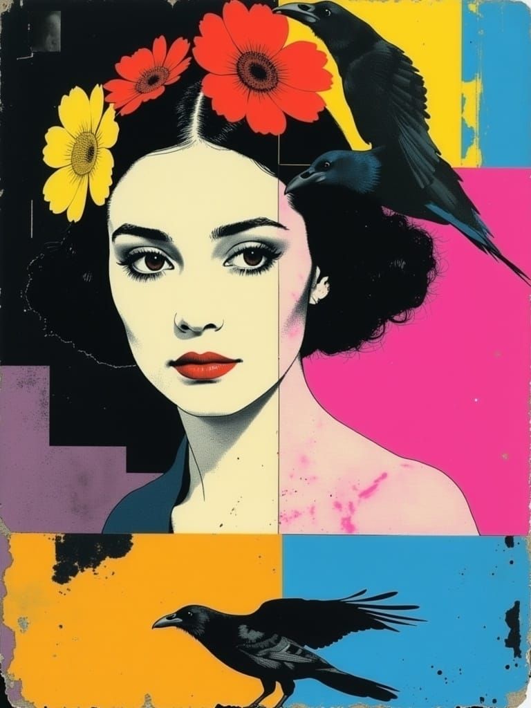 Geisha flowers in her hair sueded texture,  Magical realism,...