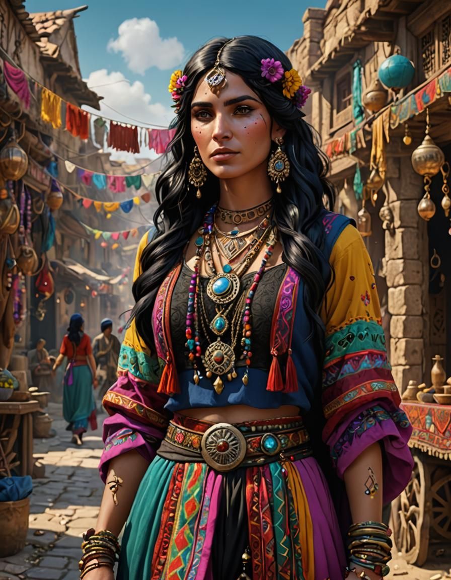 An image of a gypsy woman with black hair in colorful clothe...