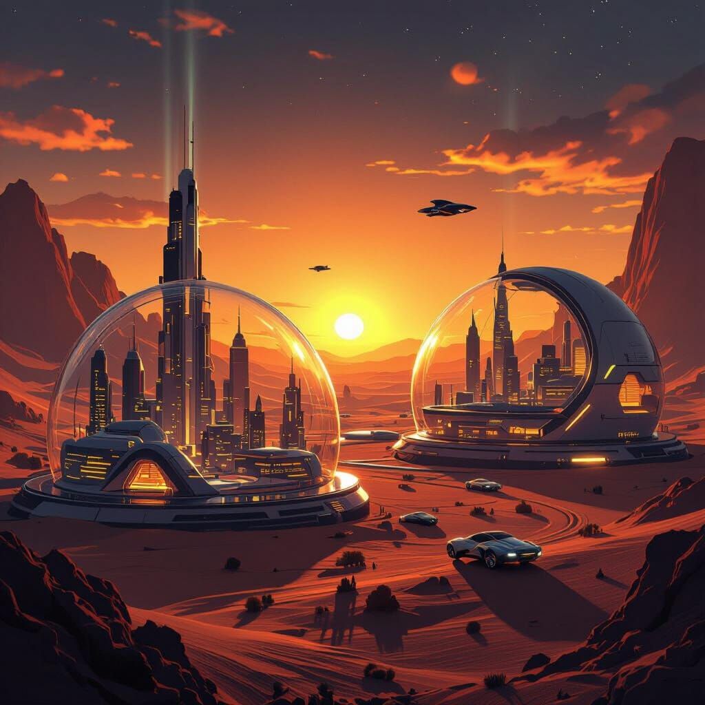 Futuristic cities built on Mars inside protective glass domes Pendleton Ward monochromatic digital illustration ...  by @Oma