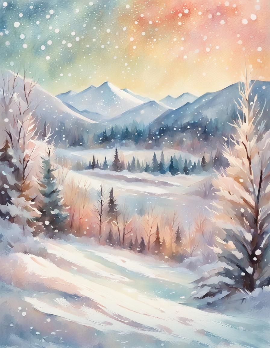 winter snowy landscape in pastel vintage gouache christmas card with ...