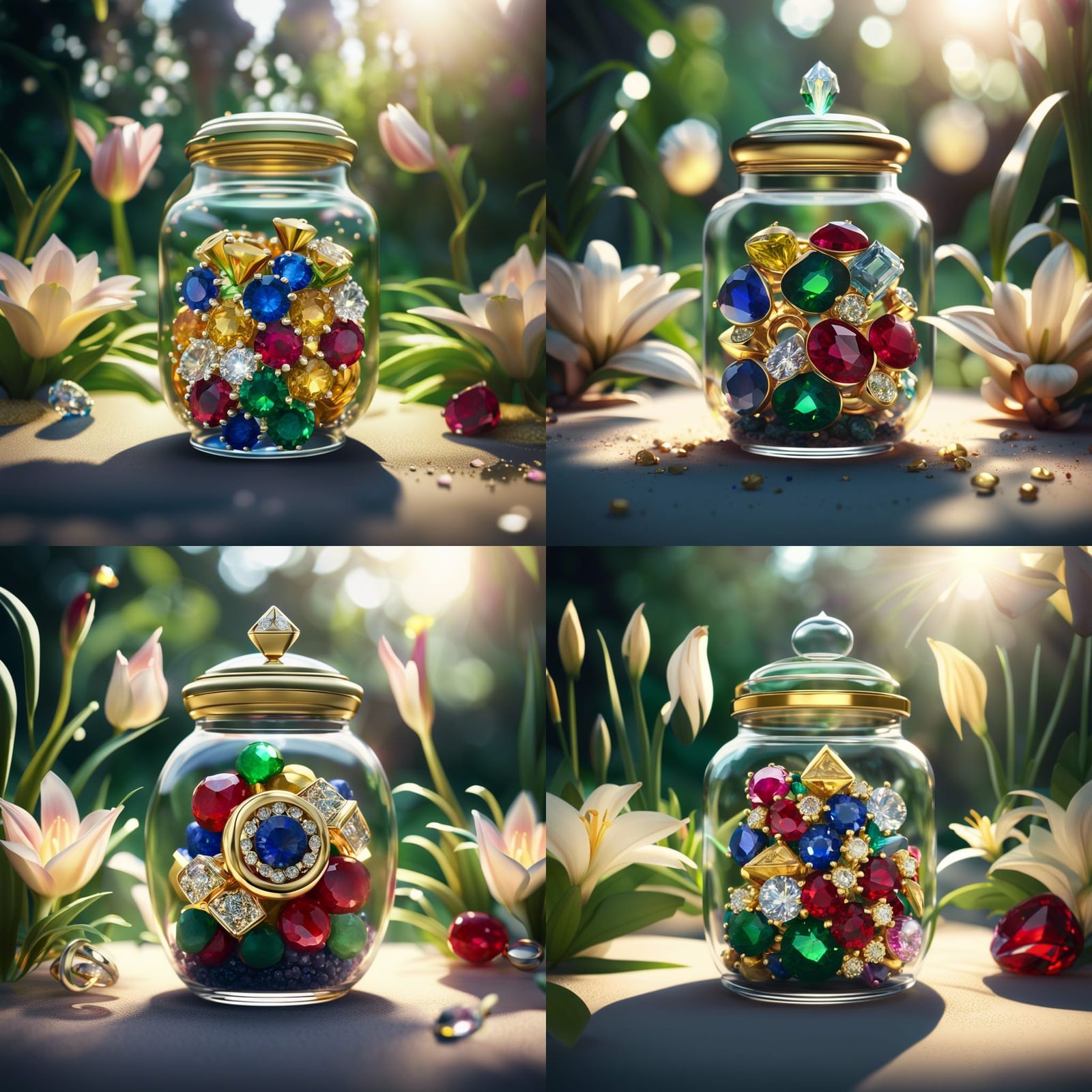 A beautiful jar filled with golden diamond, ruby, emerald, a...
