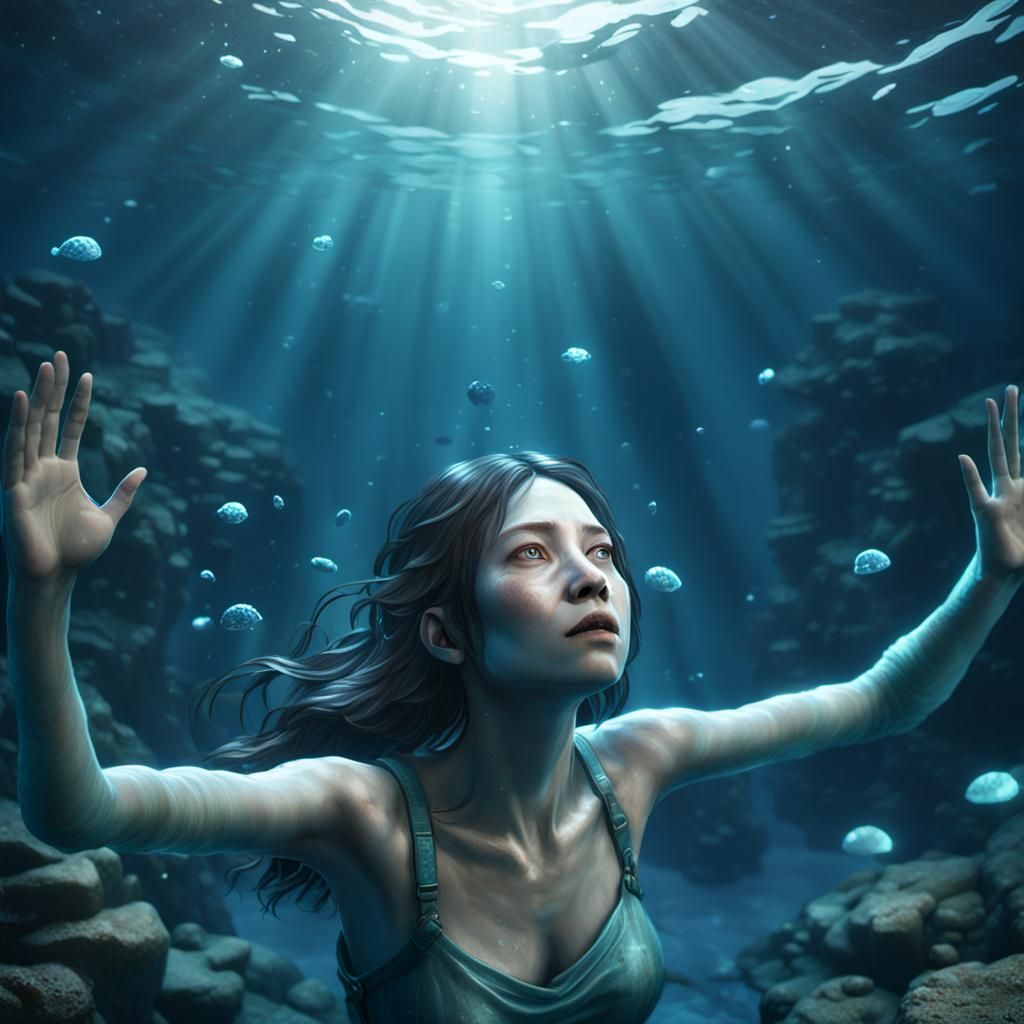 Submerged Woman Reaching for Light: 3D Render