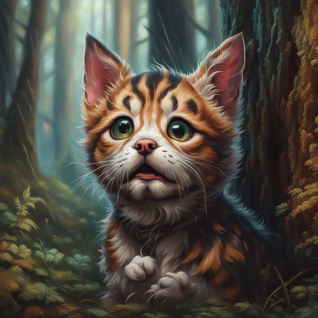 Sad cat in the forest - AI Generated Artwork - NightCafe Creator