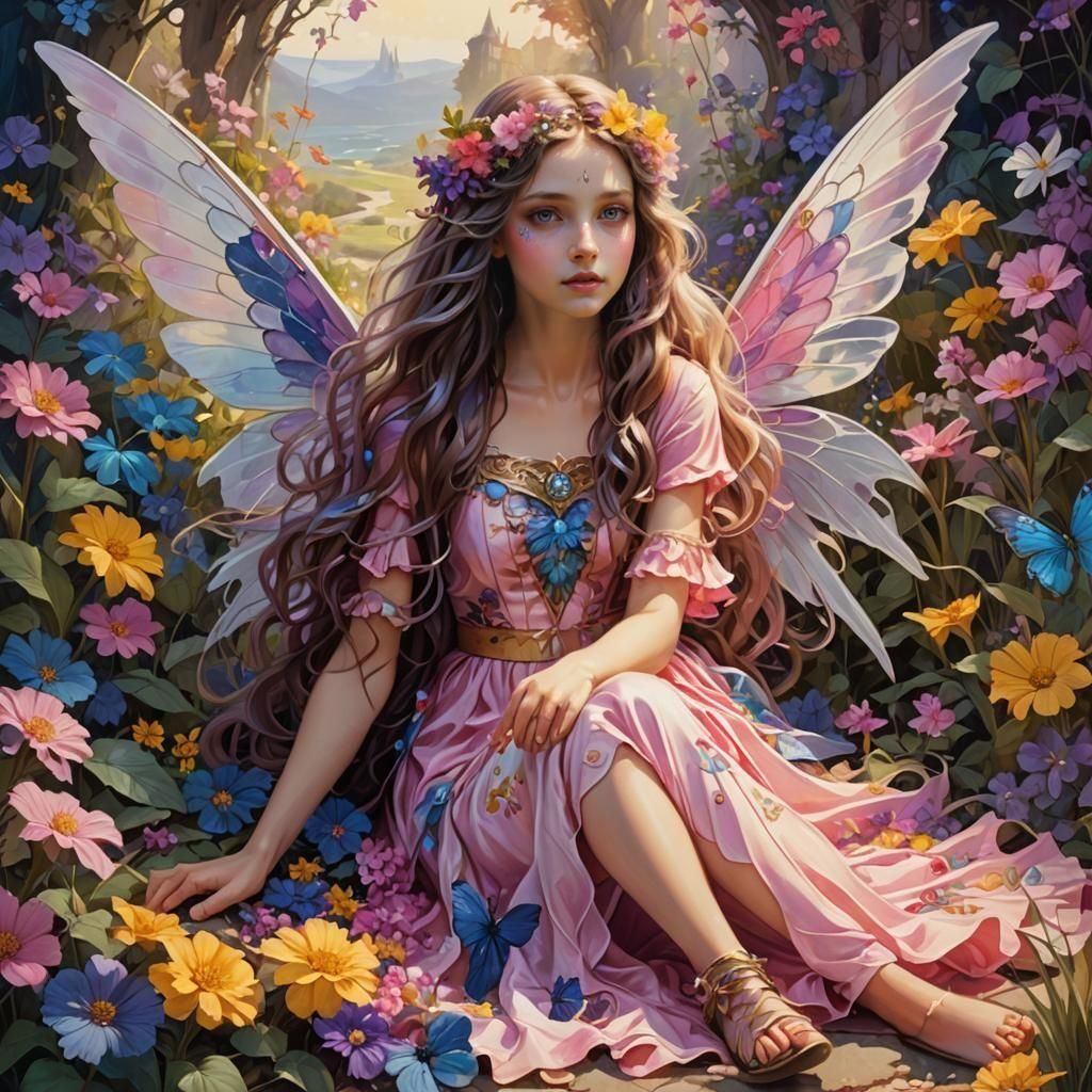 a young fairy girl with long, wavy hair, seated on the groun...
