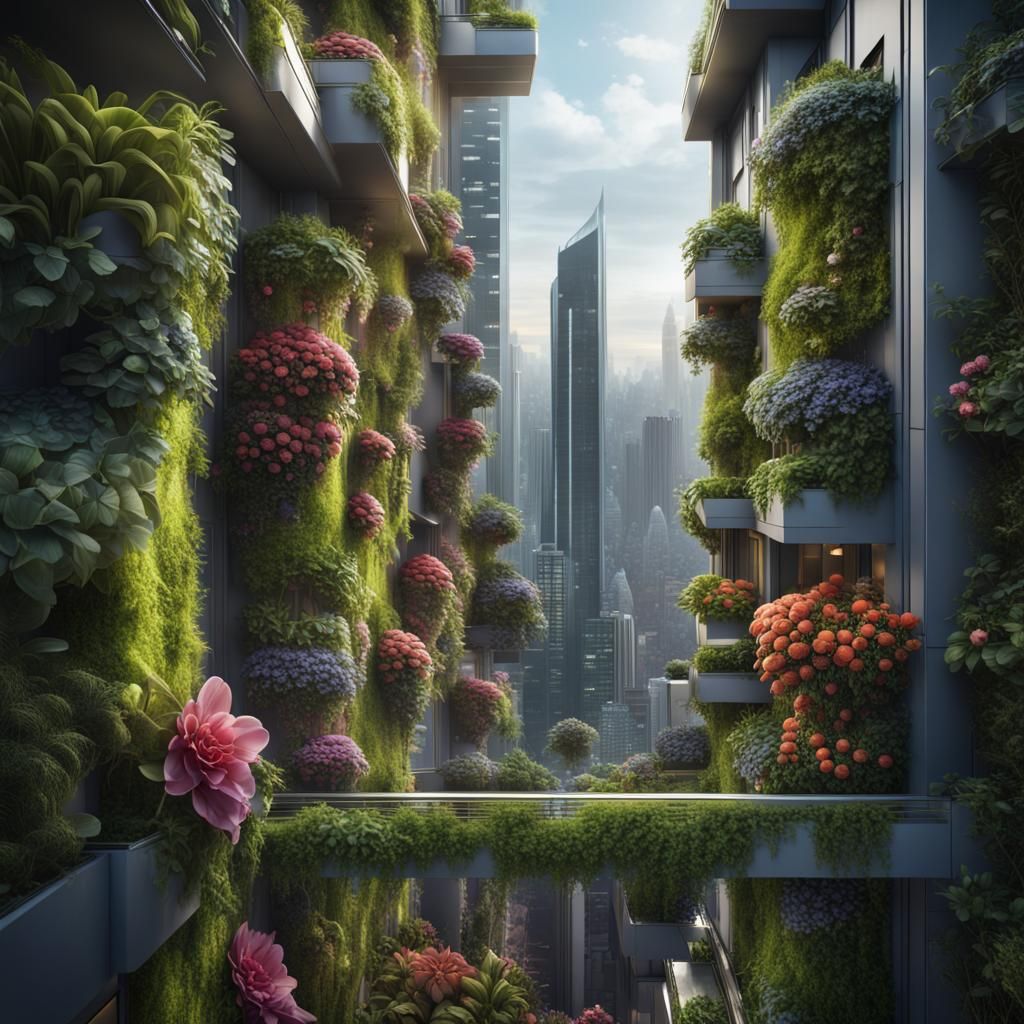Lush vertical garden with flowers and plants on a high-rise ...