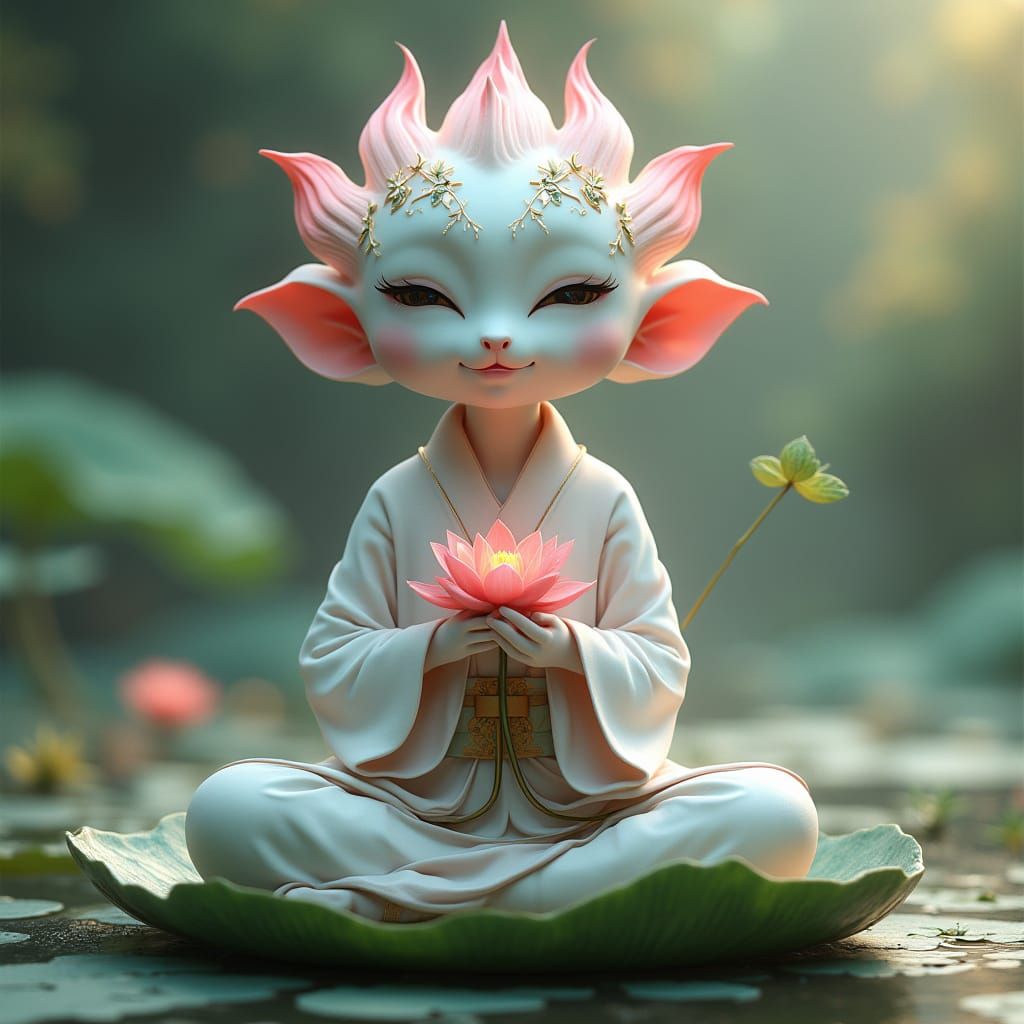 A sentient Lotus Flower creature sits in the Lotus Position holding a smaller lotus flower as would Bhudda ...  by @BlackKnight