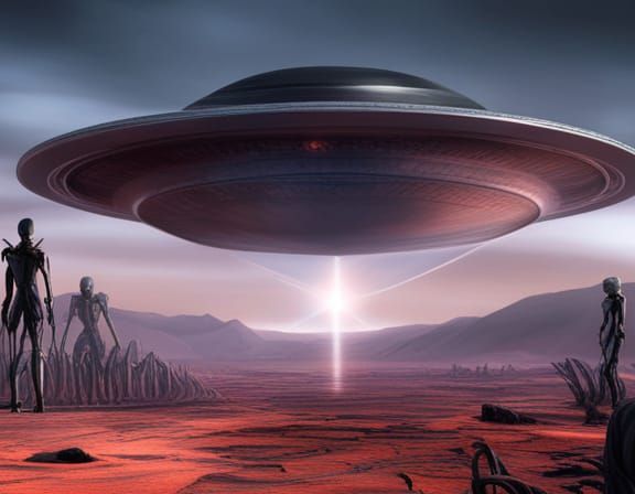 Extraterrestrial Aliens stepping out of a flying saucer UFO....