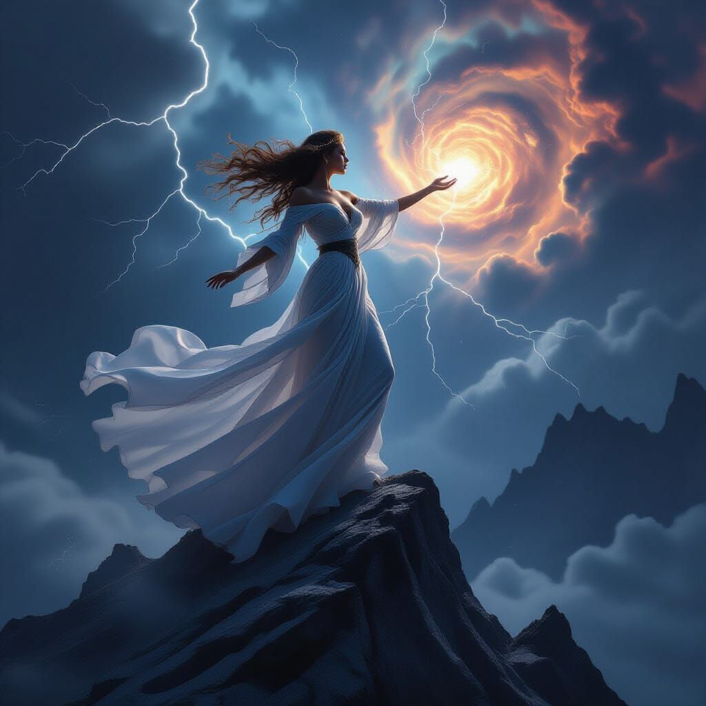 A celestial goddess, embodying the raw power of storms, stands on a jagged mountain peak. Her gown, woven from cosmic dust and moonlight, bi... - Start Image 1