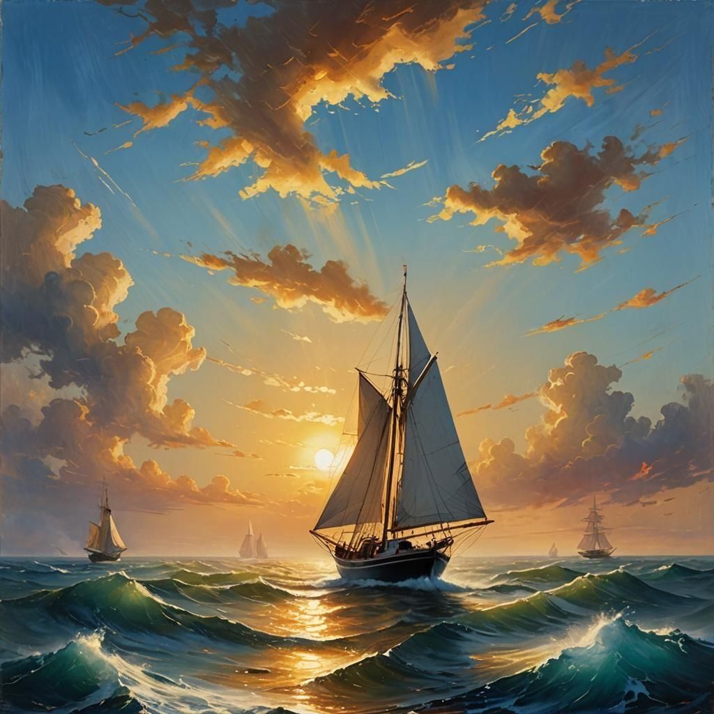 A low-angle oil painting shows a person sailing on a sunlit sea under a bright, cloud-dotted sky, with dramatic light and shadows.