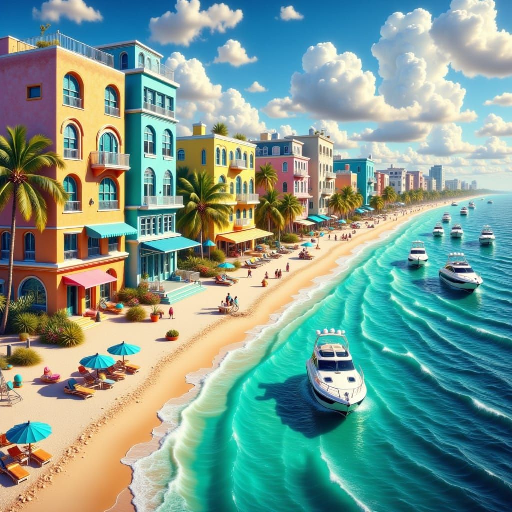 Miami Beach am Strand mit Hotels ,  blaues Meer , in dem Meer spiegeln sich die Yachten.  <lora:Bunte Vielfalt:1.0> <lora:FiosFantasySeashel...