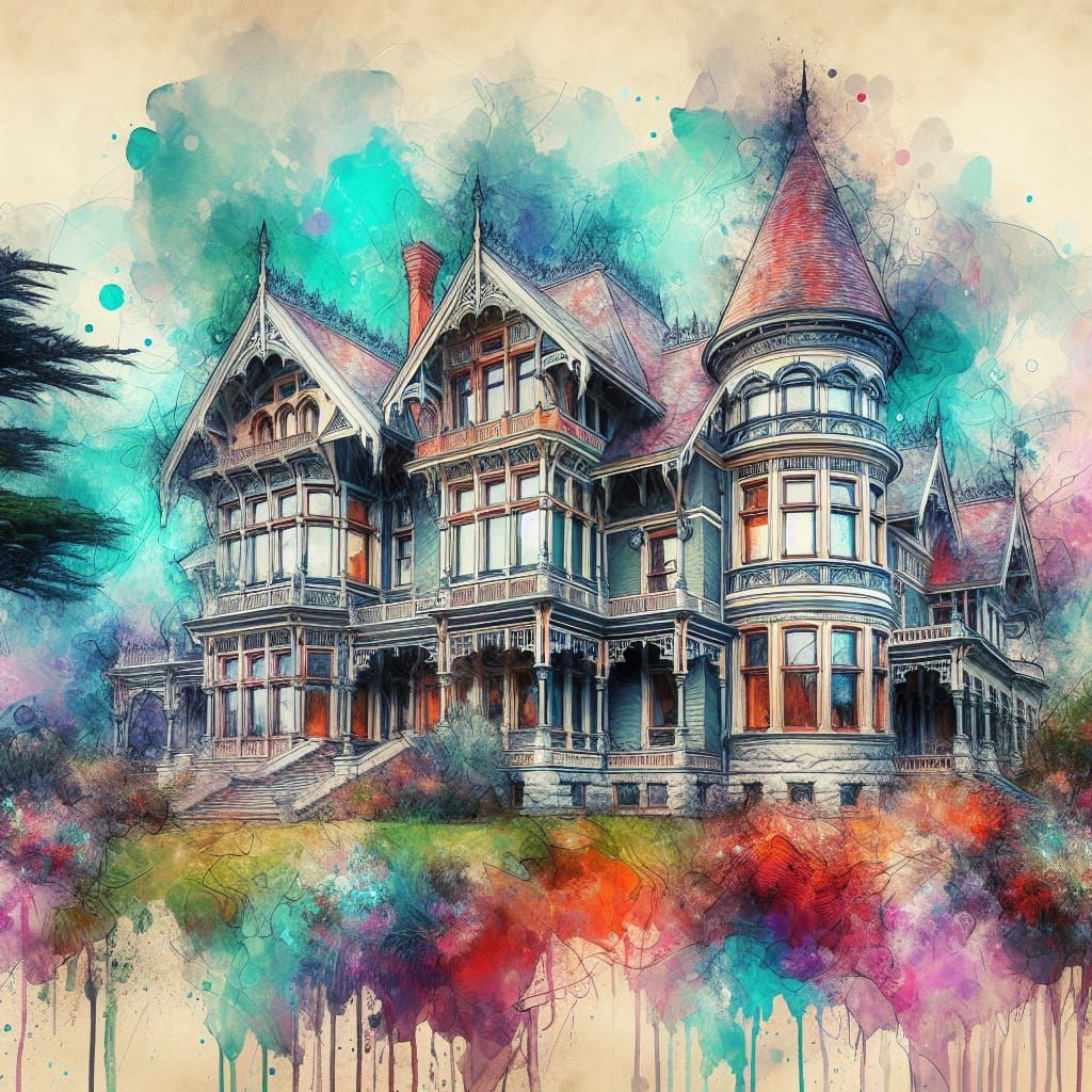 Extremely beautiful Victorian mansion, Surreal mixed-media c...