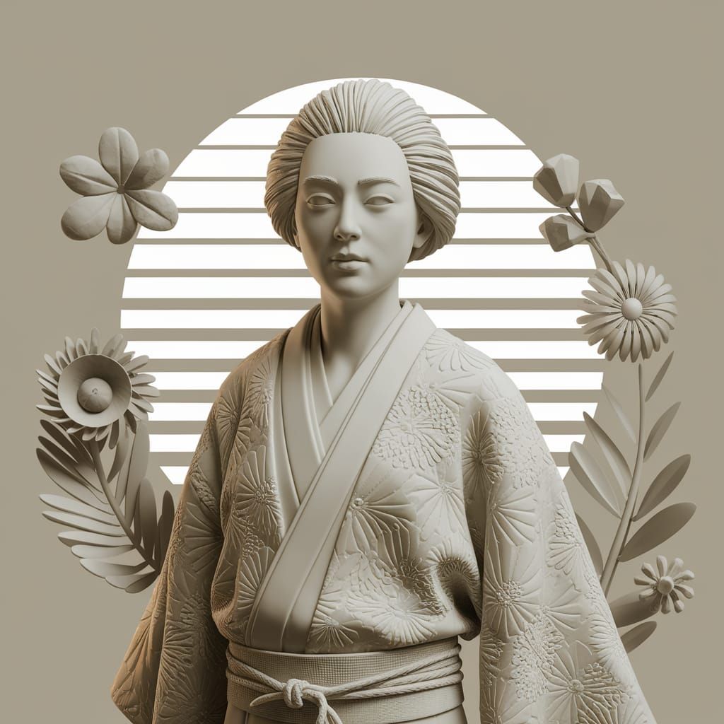 Kimono Figure in Sepia Tones: 3D Vaporwave Render