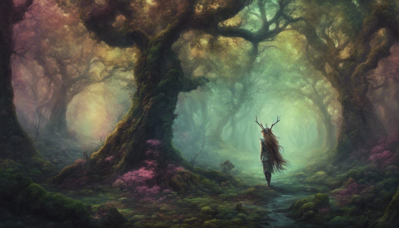 a psychedelic forest elf druid walking through a deep old fa...