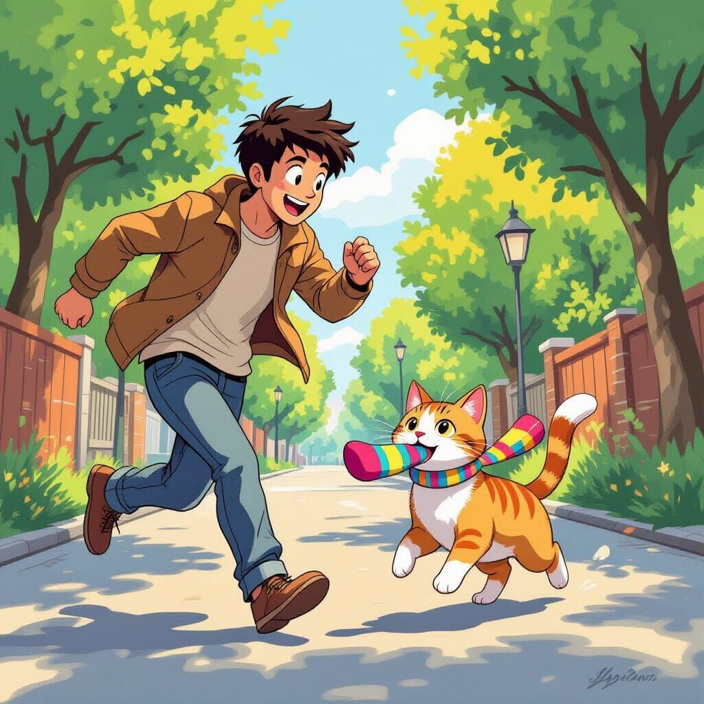 Man Chases Cat Carrying Sock, Whimsical Miyazaki-Inspired Ar...