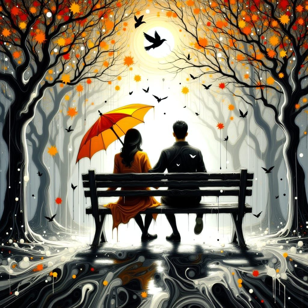 lovers on a banch under the rain, in the style of <lora:JPO:1.0>