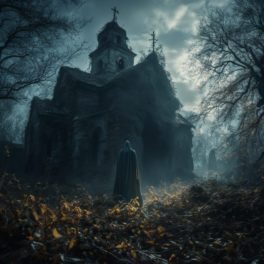 <lora:MJ6 Nightmare:1.0> a terrifying depiction of a spectral figure lurking in the shadows of an abandoned church, hyperrealistic, photorea...