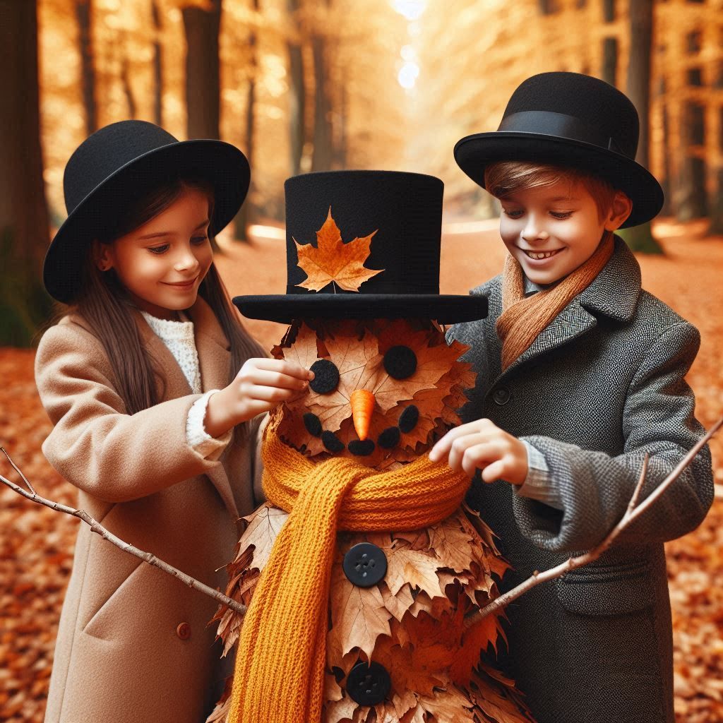 Human Kids making an autumn leaf snowman in forest