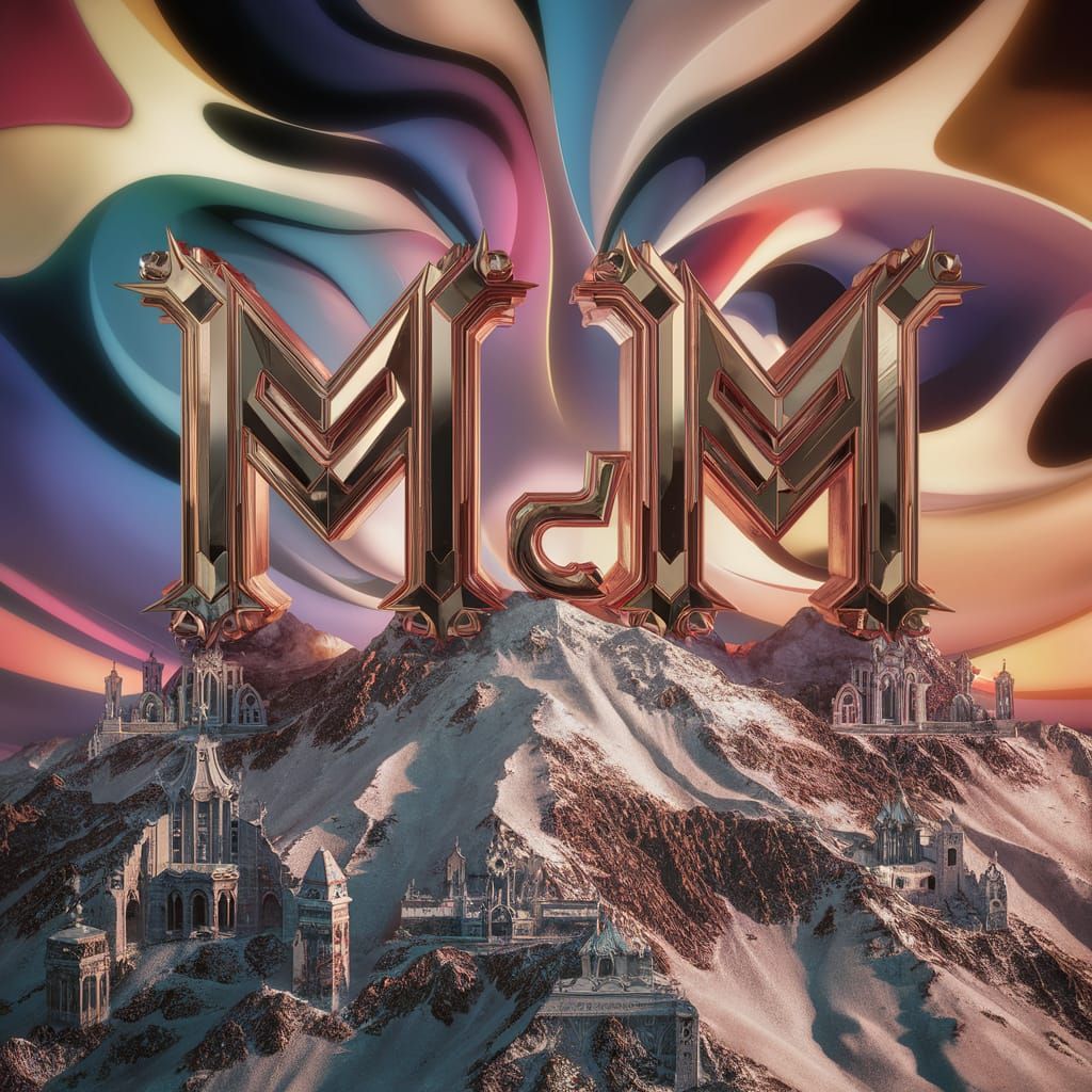The letters "M_M" on a mountain top psychedelic colors gothi...