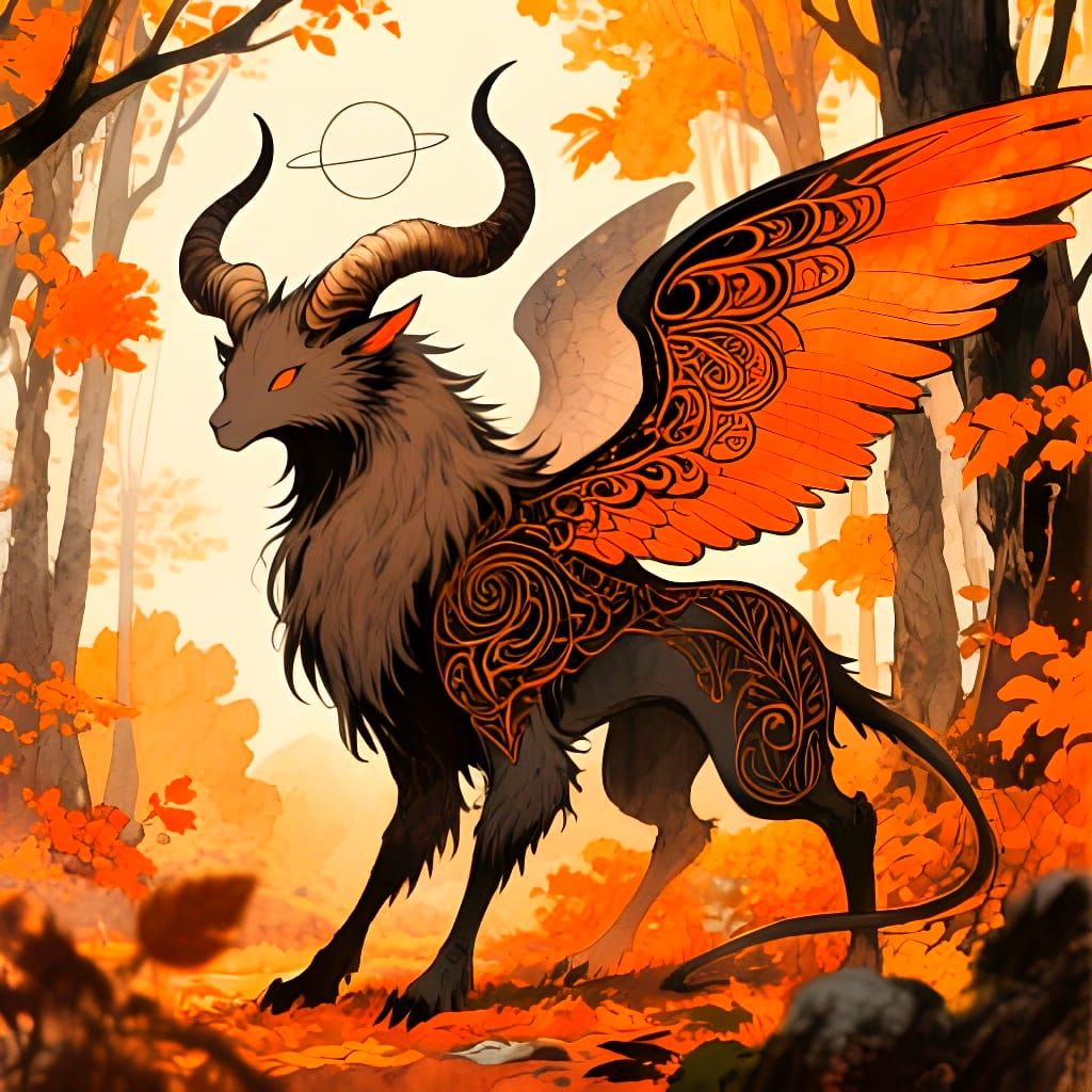 Imaginative orange watercolor and ink painting with ornate details and elaborate lineart. Detailed manga splash art. Celestrial forest creat...