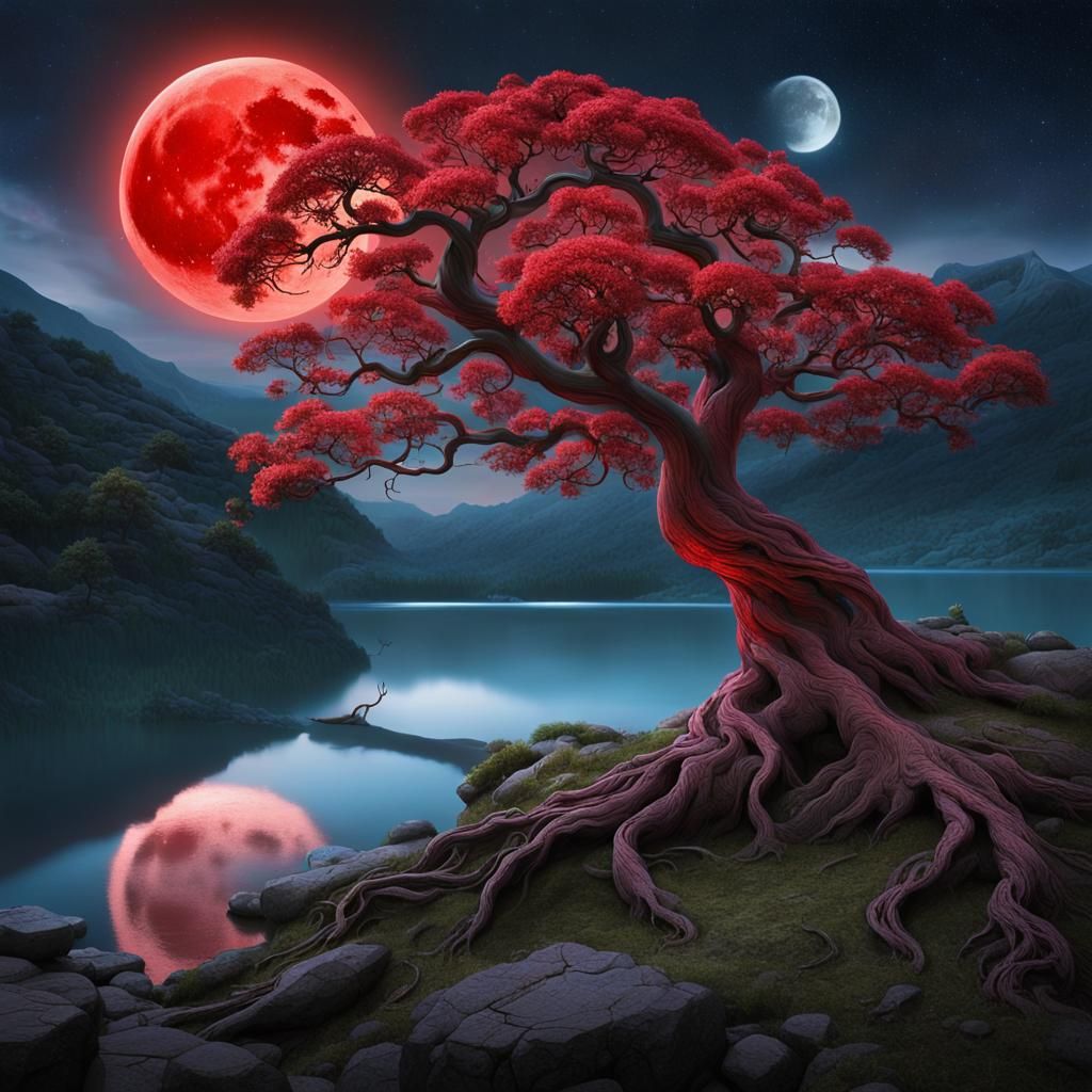 The ethereal beauty of a mystical scene under a red moonligh...