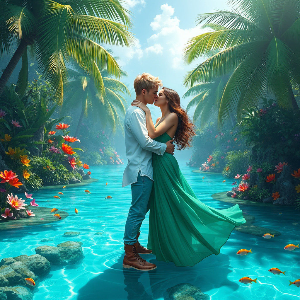 Blue lagoon, blonde haired 20 year old man kisses 20 year old brunette woman