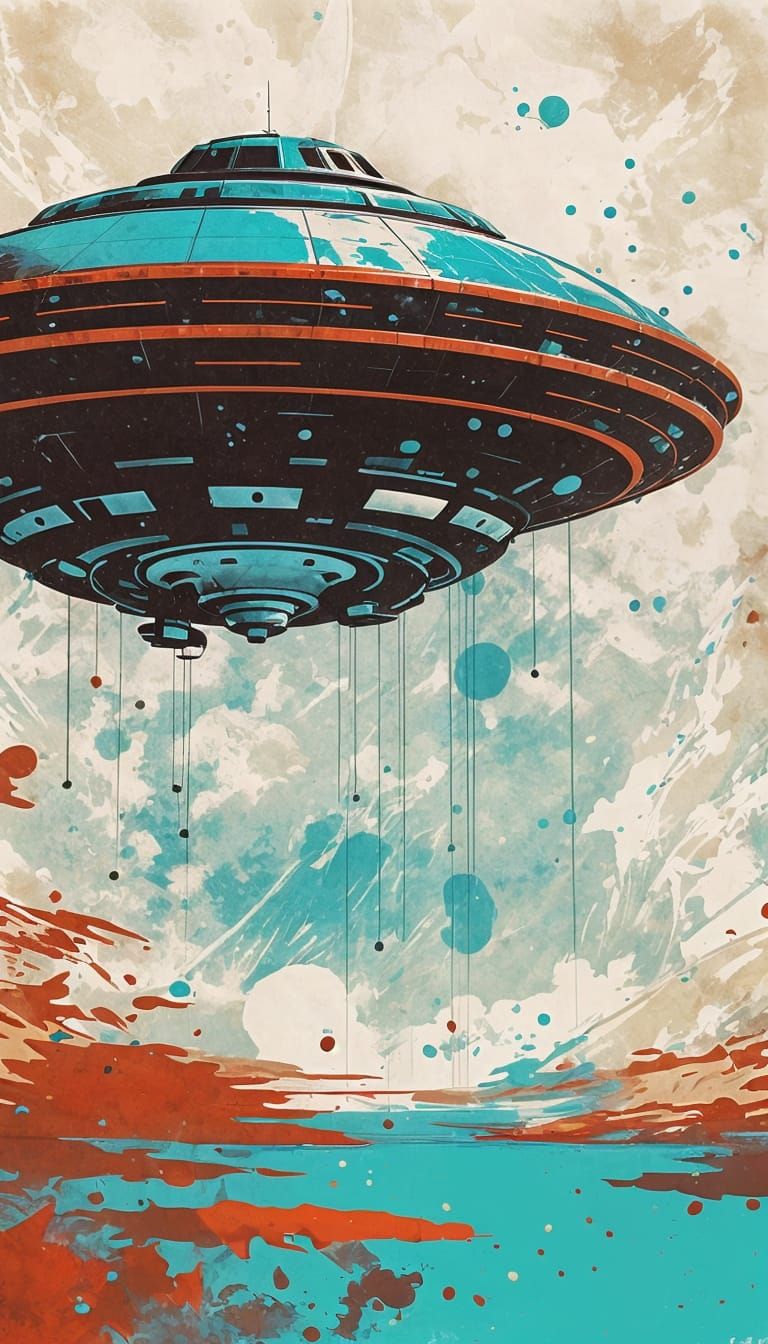 Retro-futurism. A UFO in flight, ink splattered  by @DigiDreams