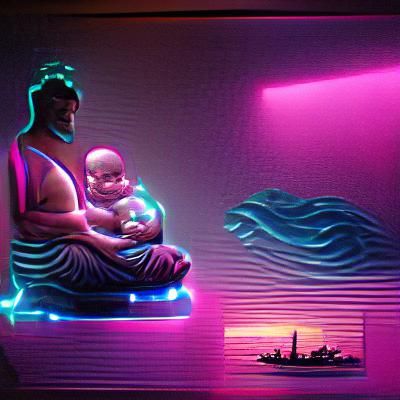 future sea with a lighting buddha and a baby