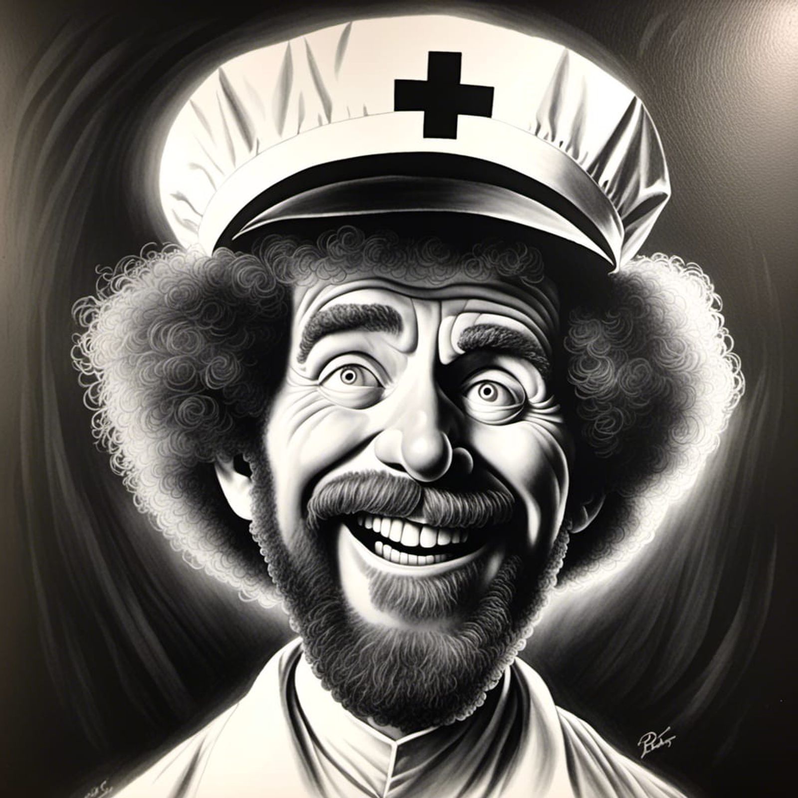 Charcoal drawing of Bob Ross as a scary nurse - AI Generated Artwork ...