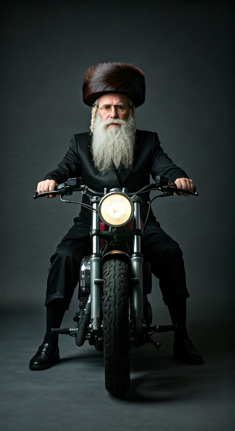Serious Hasidic Biker in Black Attire