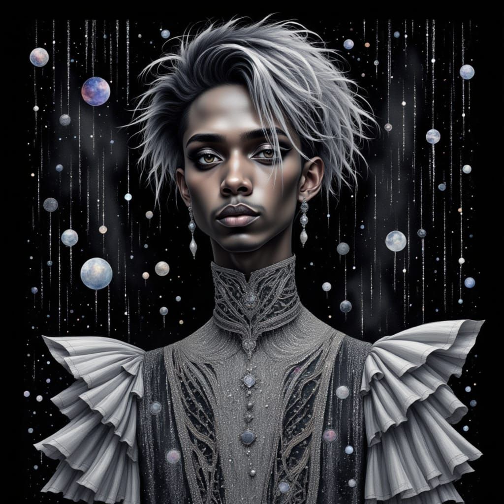 <lora:Waterspace Intensity:1.0> Goth punk young thin feminine black skin man with long silver hair, full body in a ruffle dress,  geometric ...