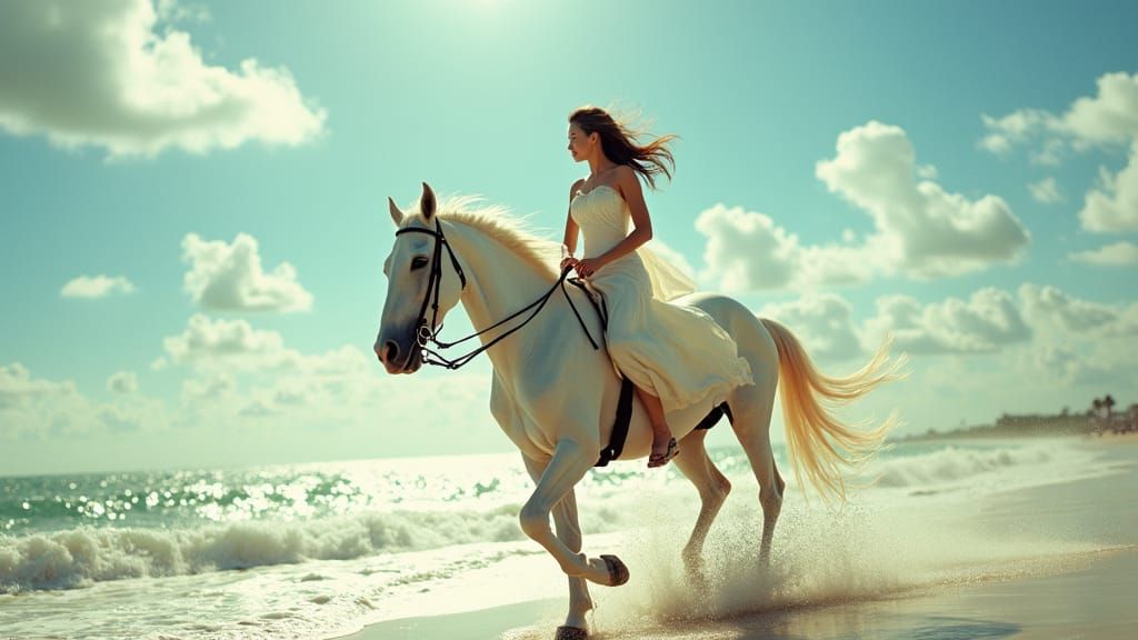 A Asian woman riding a white horse along tge beach on a sunny day 